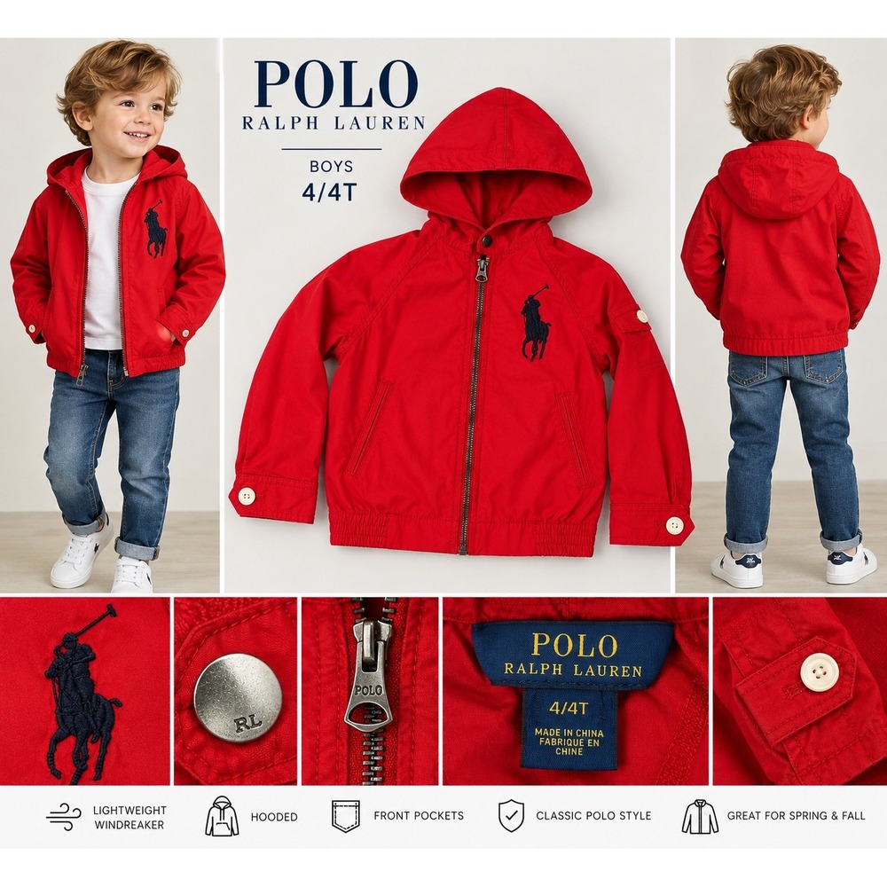 Polo Ralph Lauren Big Pony Jacket Boys 4 4T Red Hooded Windbreaker Full Zip